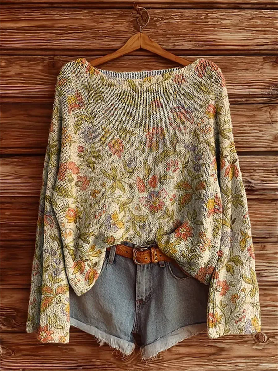 Women's Vintage Floral Art Print Casual Pullover Sweater