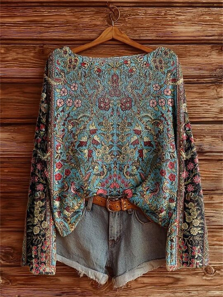 Women's Vintage Ethnic Floral Art Print Casual Pullover Sweater