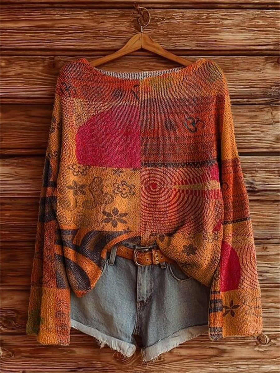 Women's Vintage Hippie Patchwork Art Print Casual Pullover Sweater