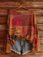 Women's Vintage Hippie Patchwork Art Print Casual Pullover Sweater