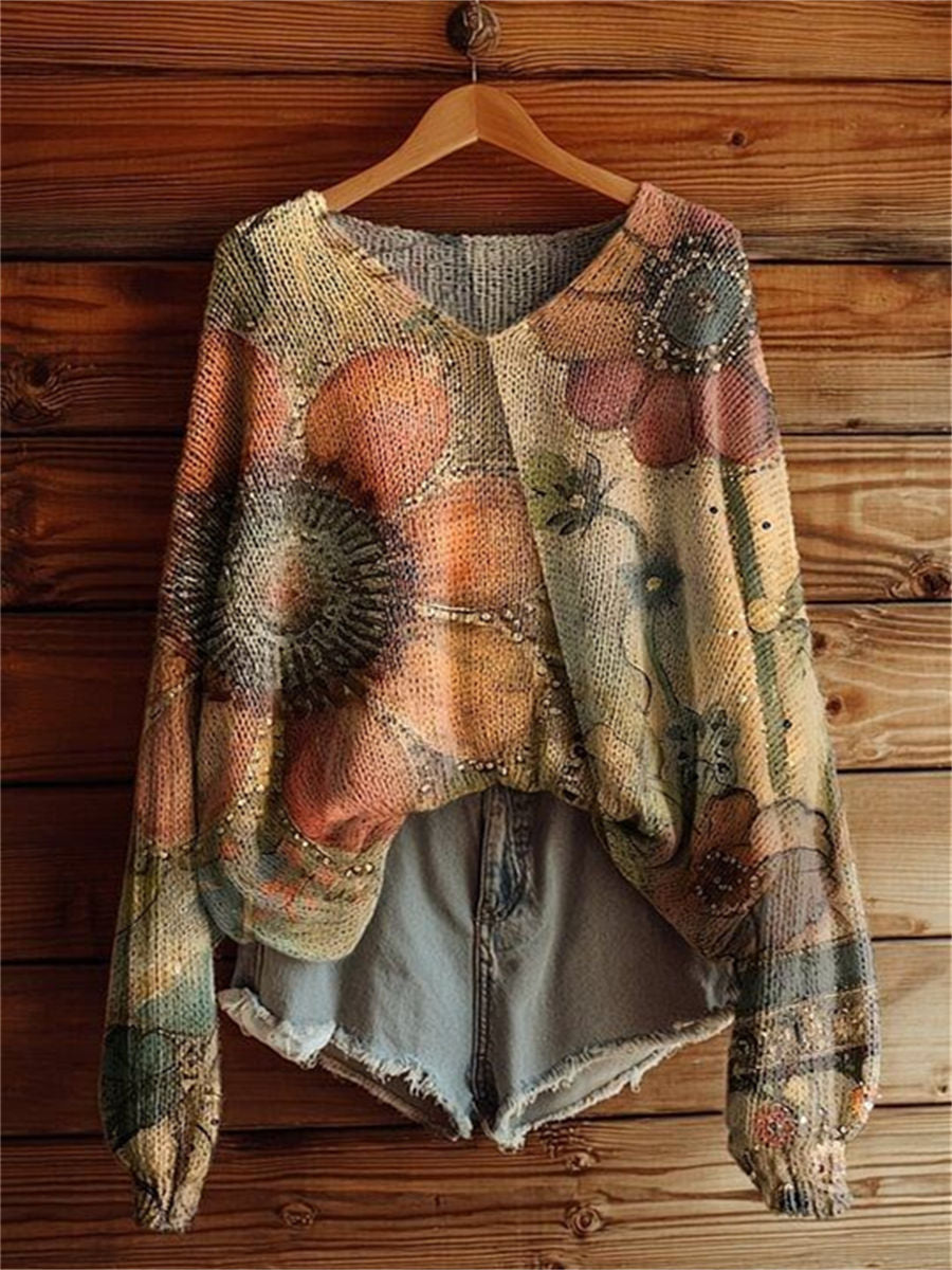 Women's Vintage Sunflower Floral Art Pattern Print Casual V Neck Pullover Sweater
