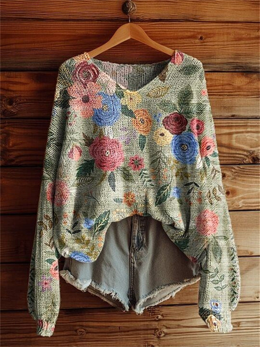 Women's Vintage Floral Tattoo Pattern Art Print Casual Pullover Sweater