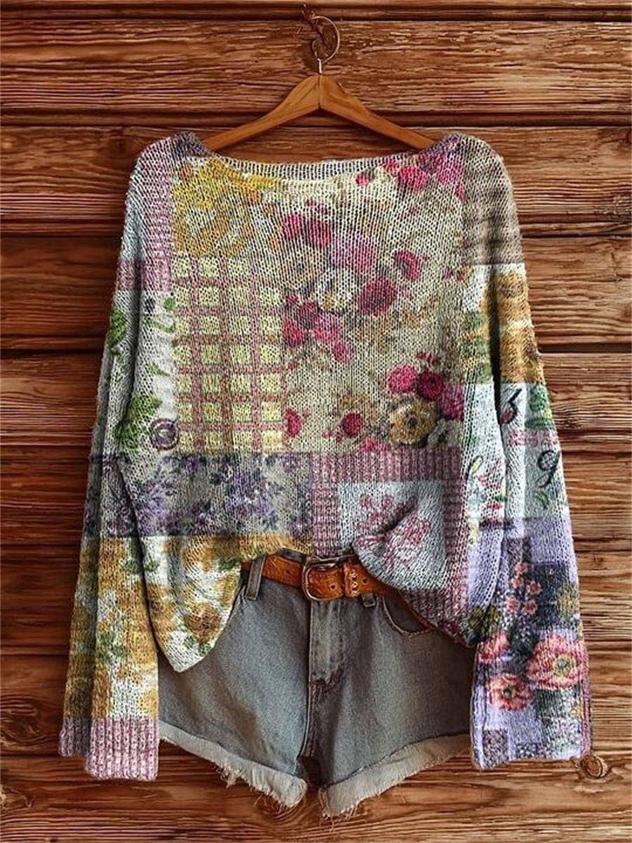 Women's Vintage Floral Collage Art Print Casual Pullover Sweater
