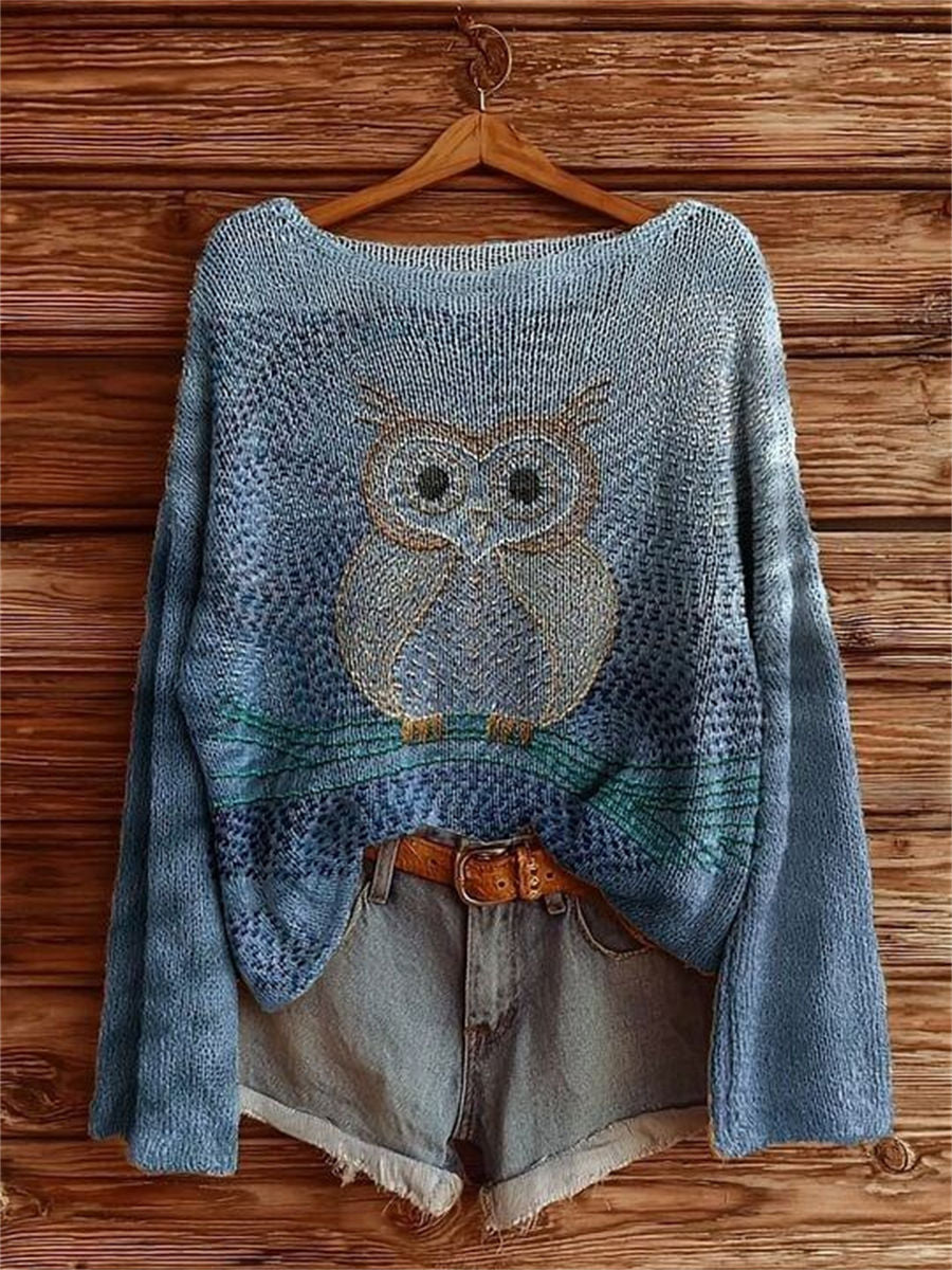 Women's Line Owl Pattern Art Print Casual Pullover Sweater