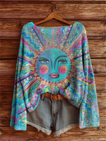 Women's Hippie Sunfloral Art Print Casual Pullover Sweater