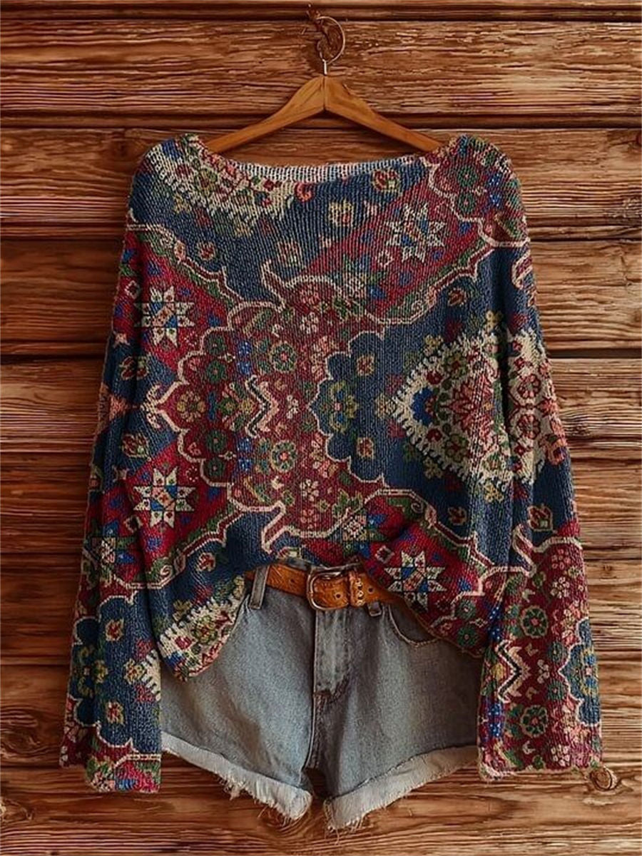 Women's Retro Ethnic Totem Art Print Casual Pullover Sweater