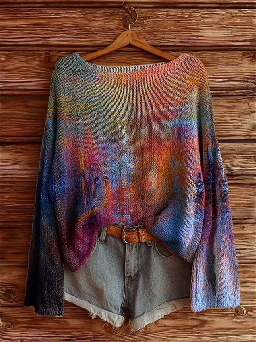 Women's Colorful Tie-Dye Pattern Art Print Casual Pullover Sweater