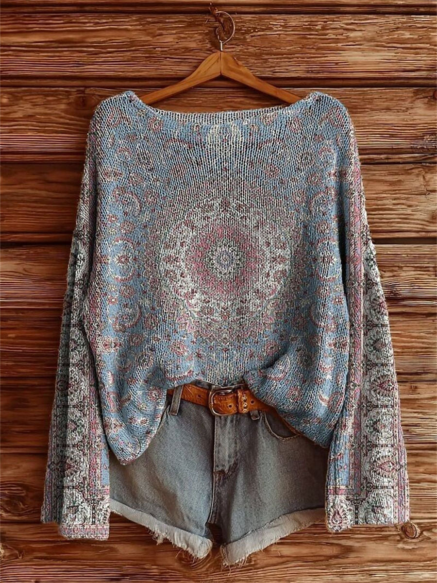 Women's Vintage Ethnic Floral Tattoo Pattern Art Print Casual Pullover Sweater