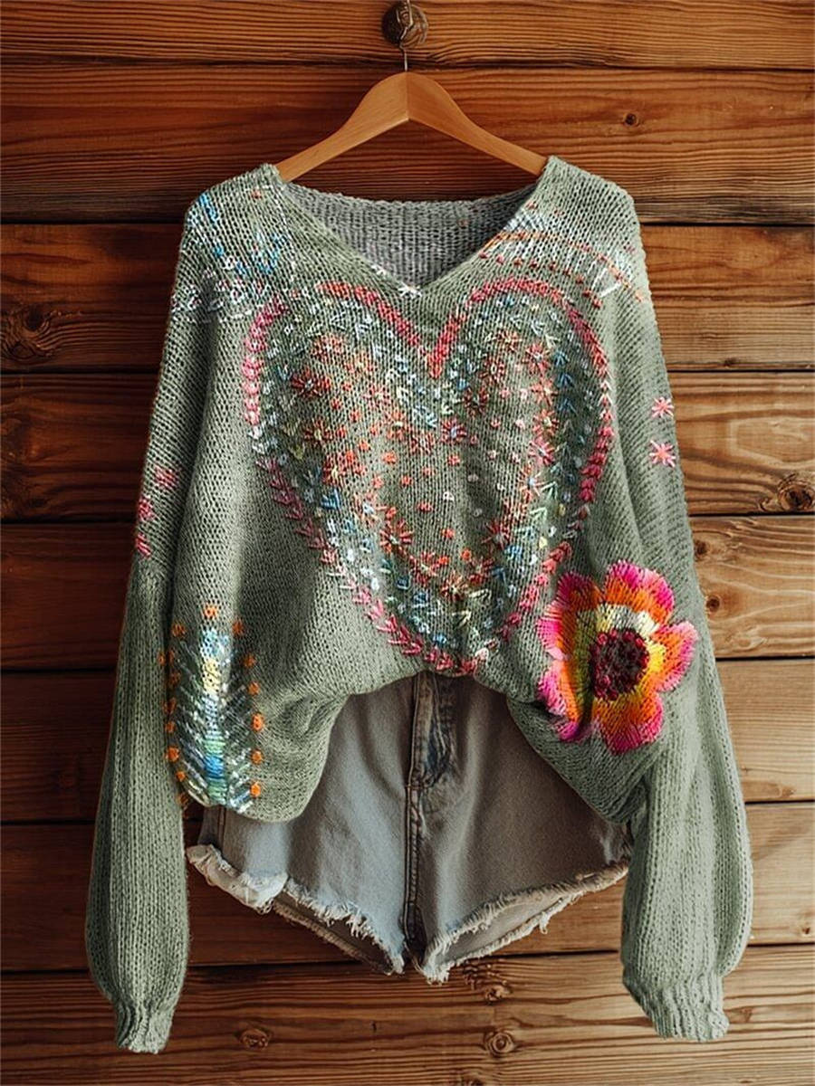 Women's Vintage Bohemian Floral Love Art Print Casual Pullover Sweater