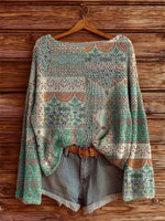 Women's Ethnic Floral Embellished Patchwork Pattern Art Print Casual Pullover Sweater