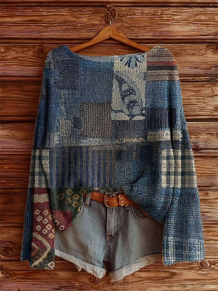 Women's Ethnic Floral Embellished Patchwork Pattern Art Print Casual Pullover Sweater