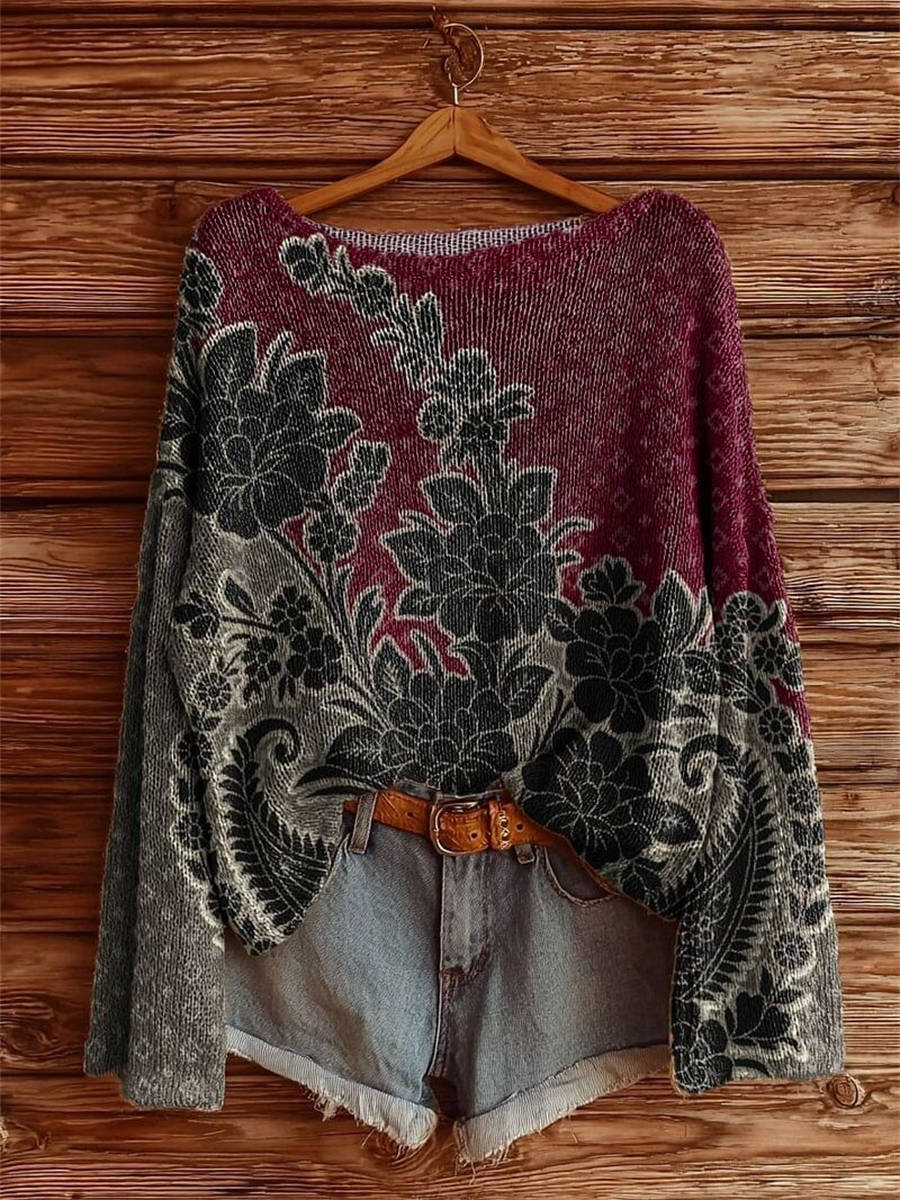 Women's Vintage Ethnic Floral Tattoo Pattern Art Print Casual Pullover Sweater