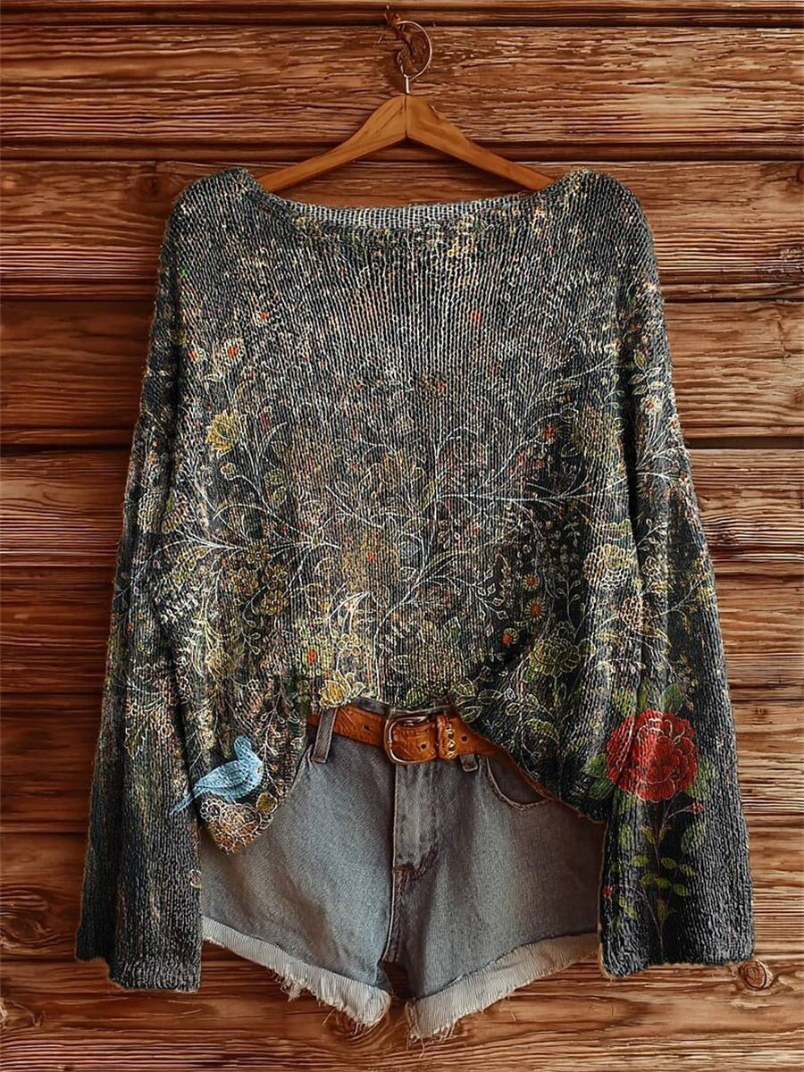Women's Vintage Ethnic Floral Art Print Casual Pullover Sweater