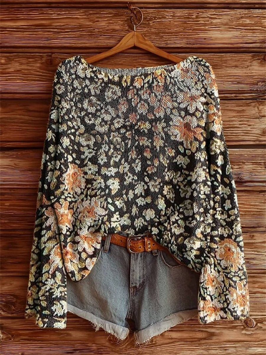 Women's Retro Flowers Print Casual Pullover Sweater