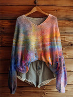 Women's Colorful Swoosh Pattern Art Print Casual Pullover Sweater