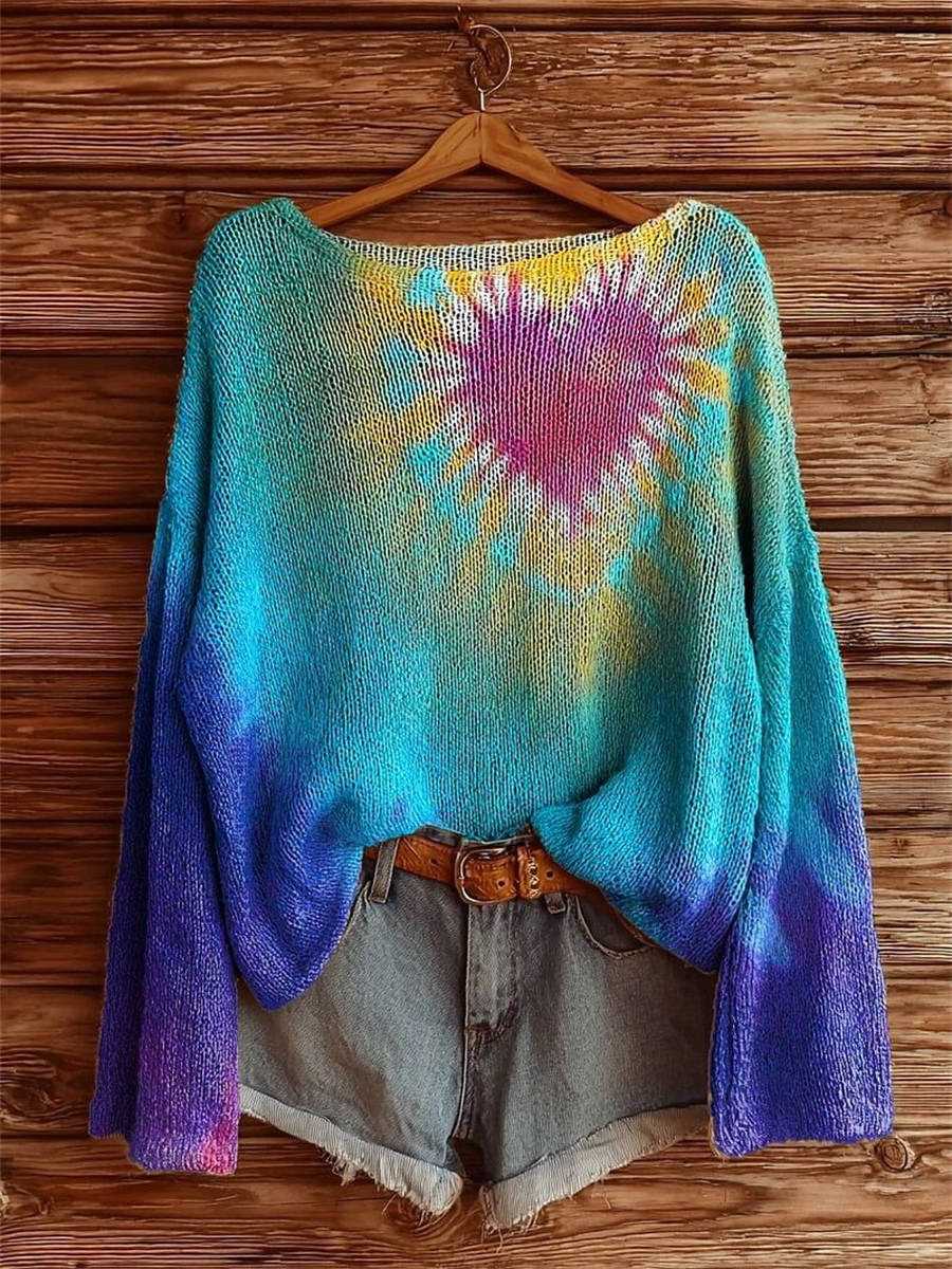 Women's Heart Tie-Dye Art Pattern Print Casual Pullover Sweater