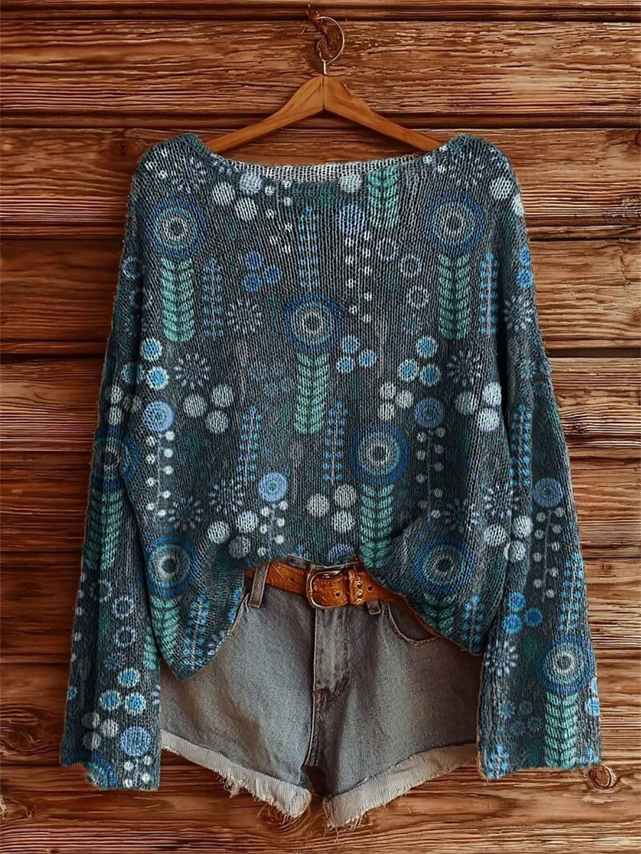 Women's Vintage Ethnic Floral Tattoo Pattern Art Print Casual Pullover Sweater