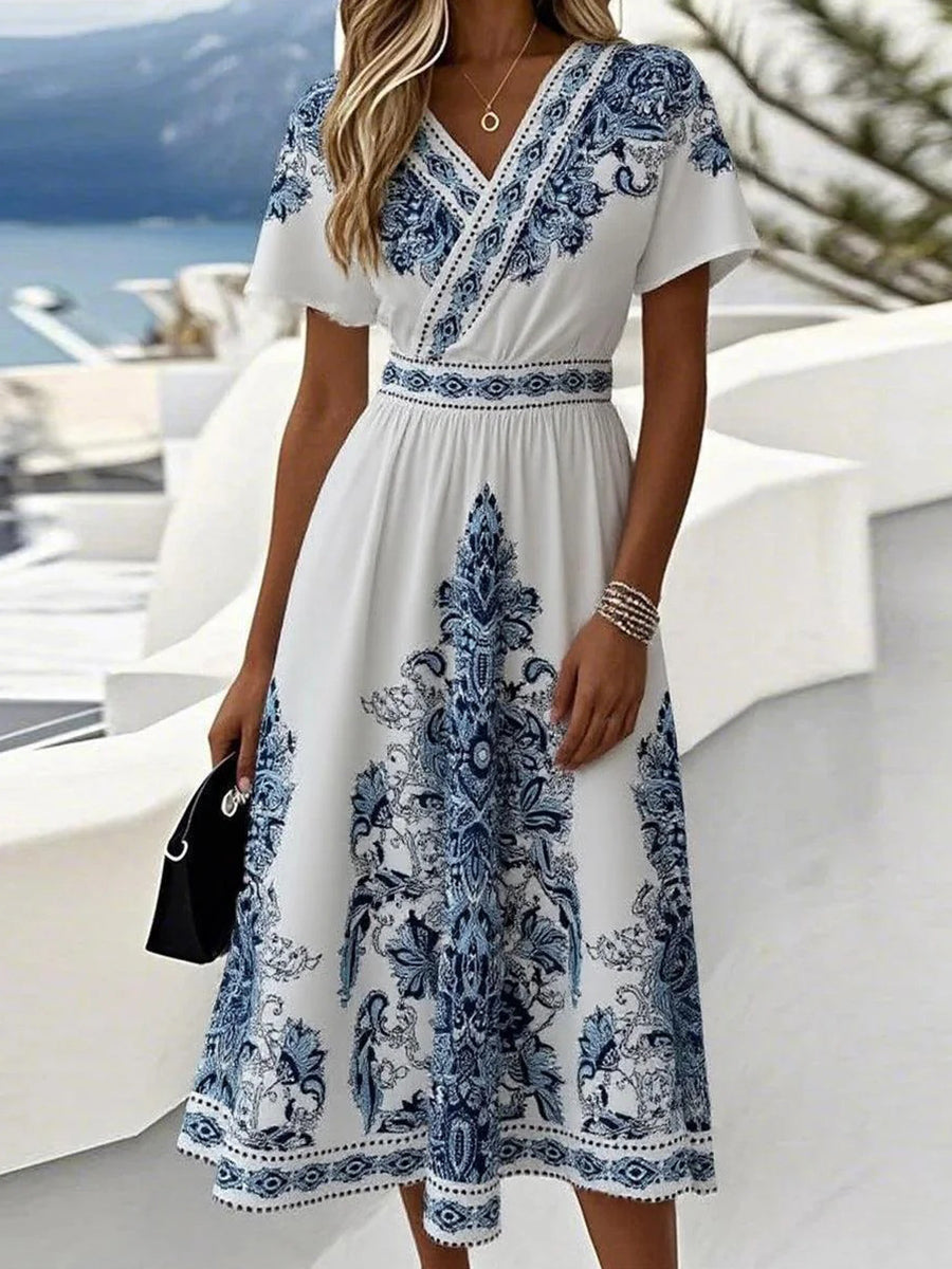 Youthful V-Neck Short Sleeve Midi Dress
