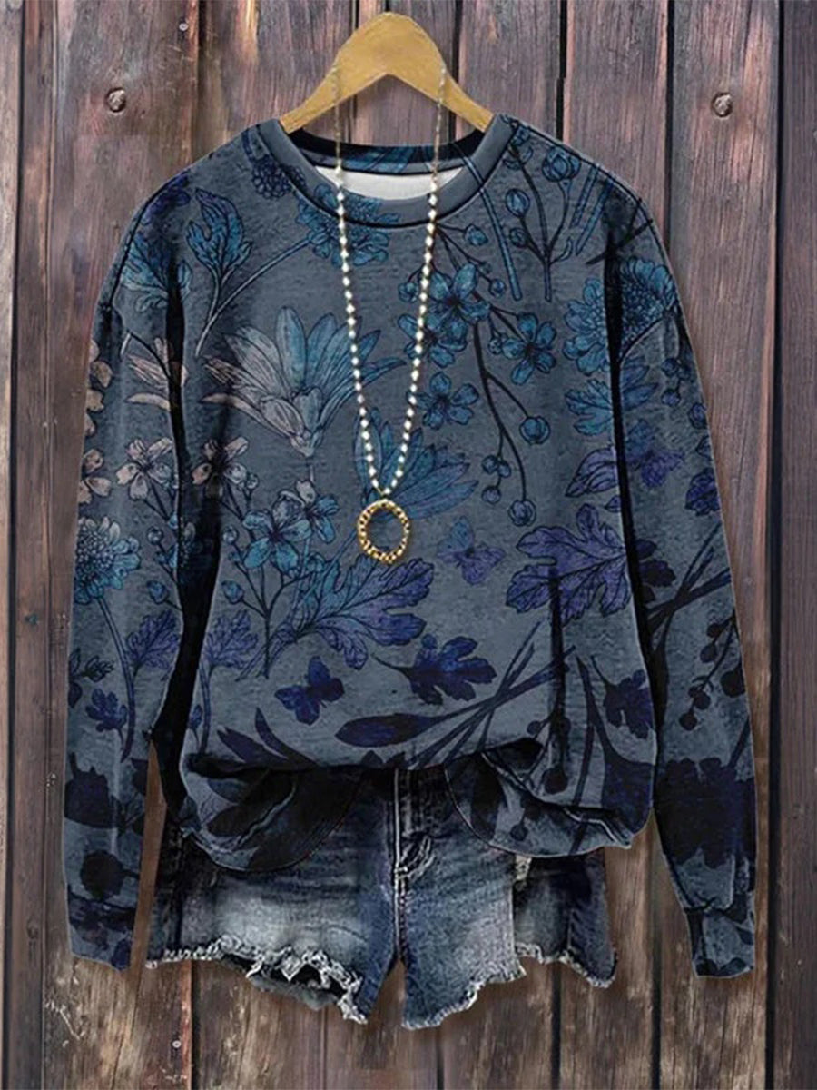 Vintage Floral Print Round Neck Long Sleeve Sweatshirt