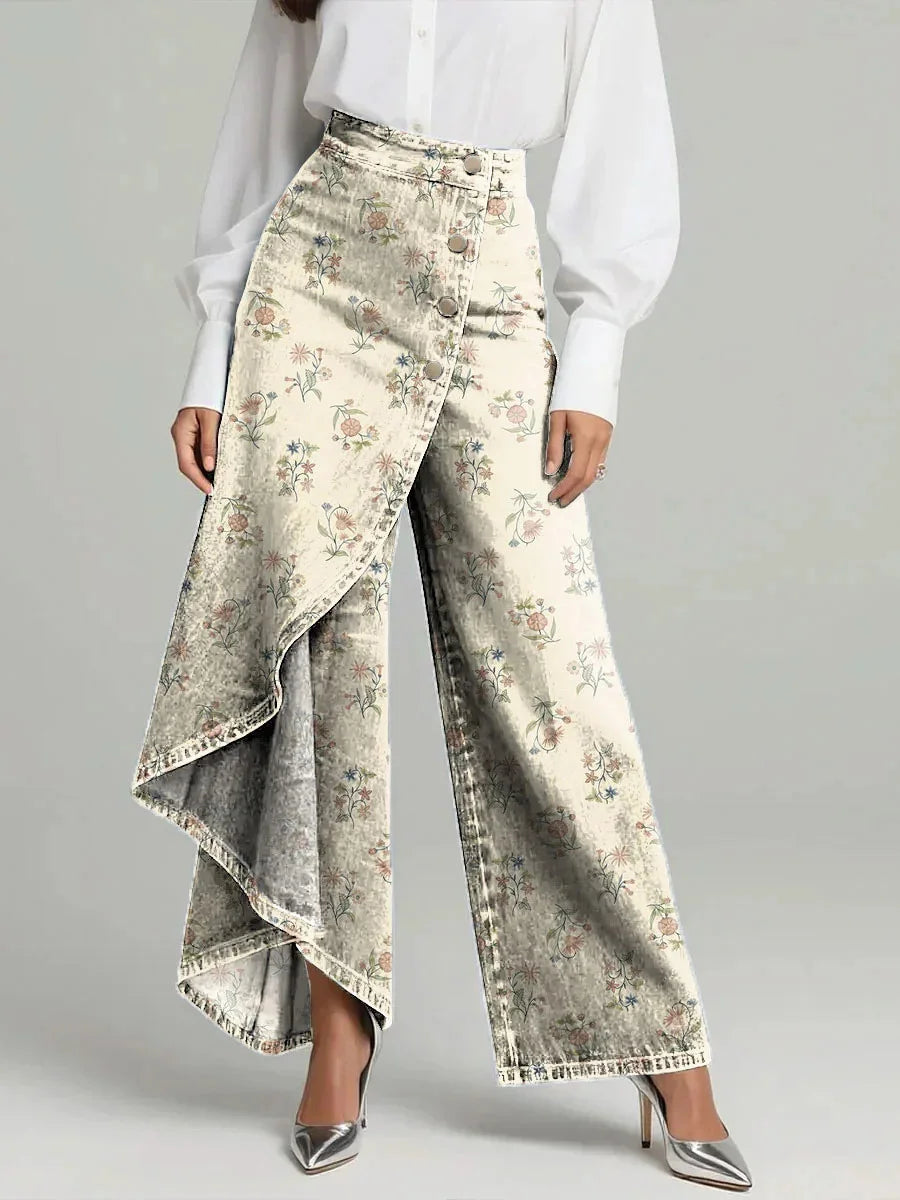 Women's Vintage Flowers Floral Patterns Print High-waisted Relaxed Fit Wide-leg Jeans