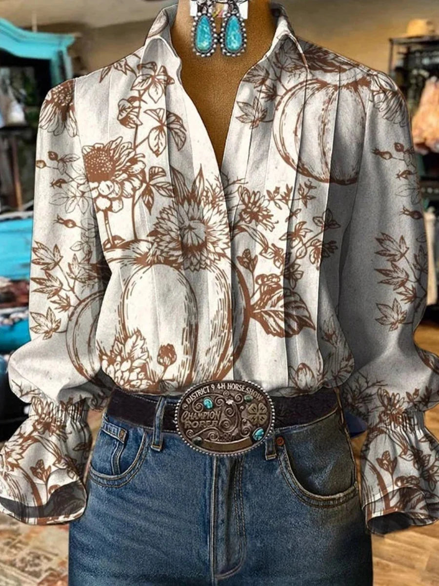 Vintage Floral Print Long Sleeve Blouse