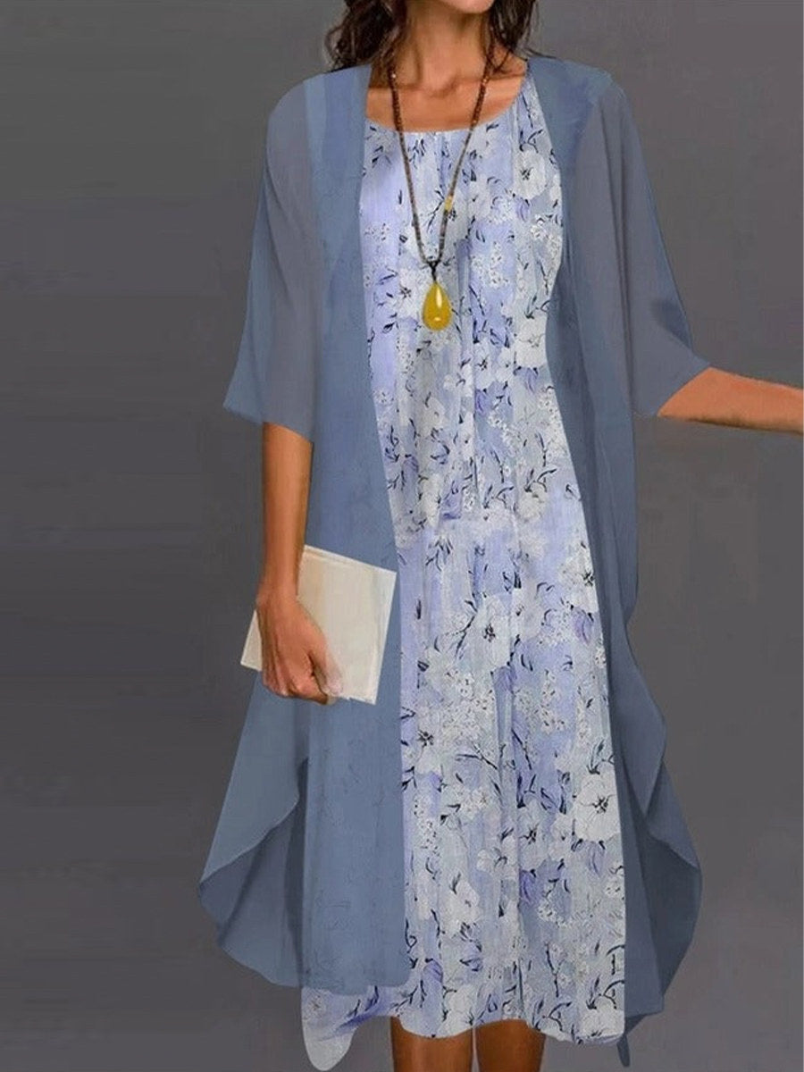 Casual Floral Crew Neck Print Half Sleeve Two Piece Dress