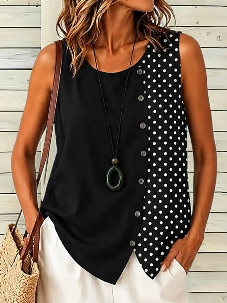 Black Polka Dot Asymmetric Sleeveless Tank Top