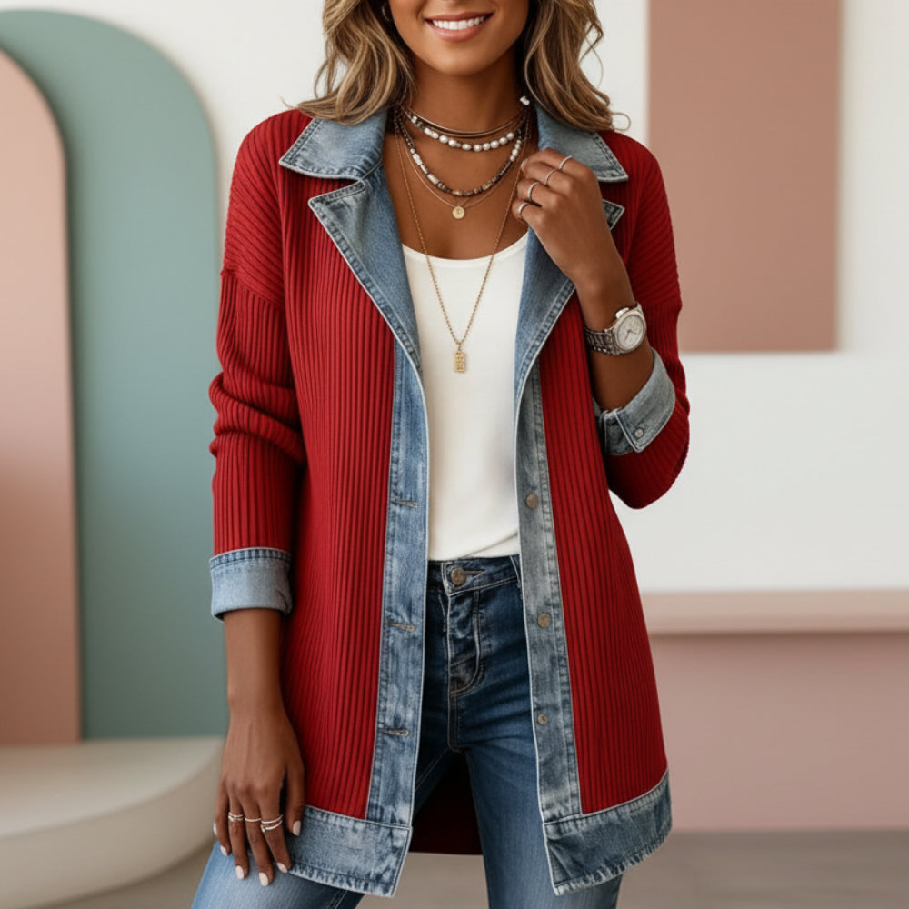 Casual Denim Patchwork Jacket With Collar For Women