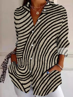 Abstract Stripes Shirt Collar Long Sleeve Buttoned Regular Loose Shirt
