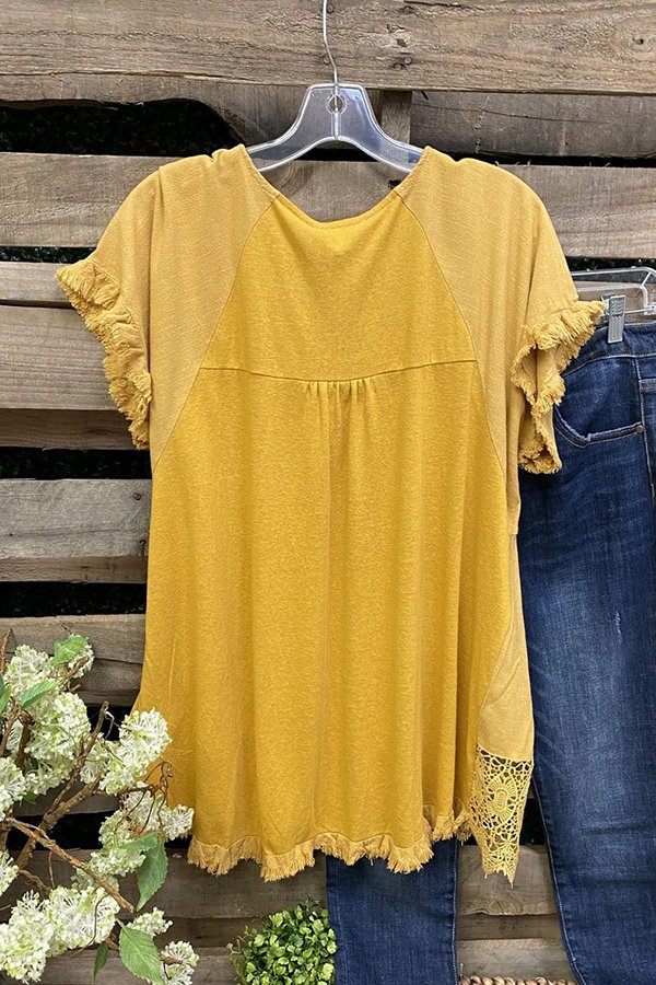 Yellow Solid Color Lace Stitching Blouse