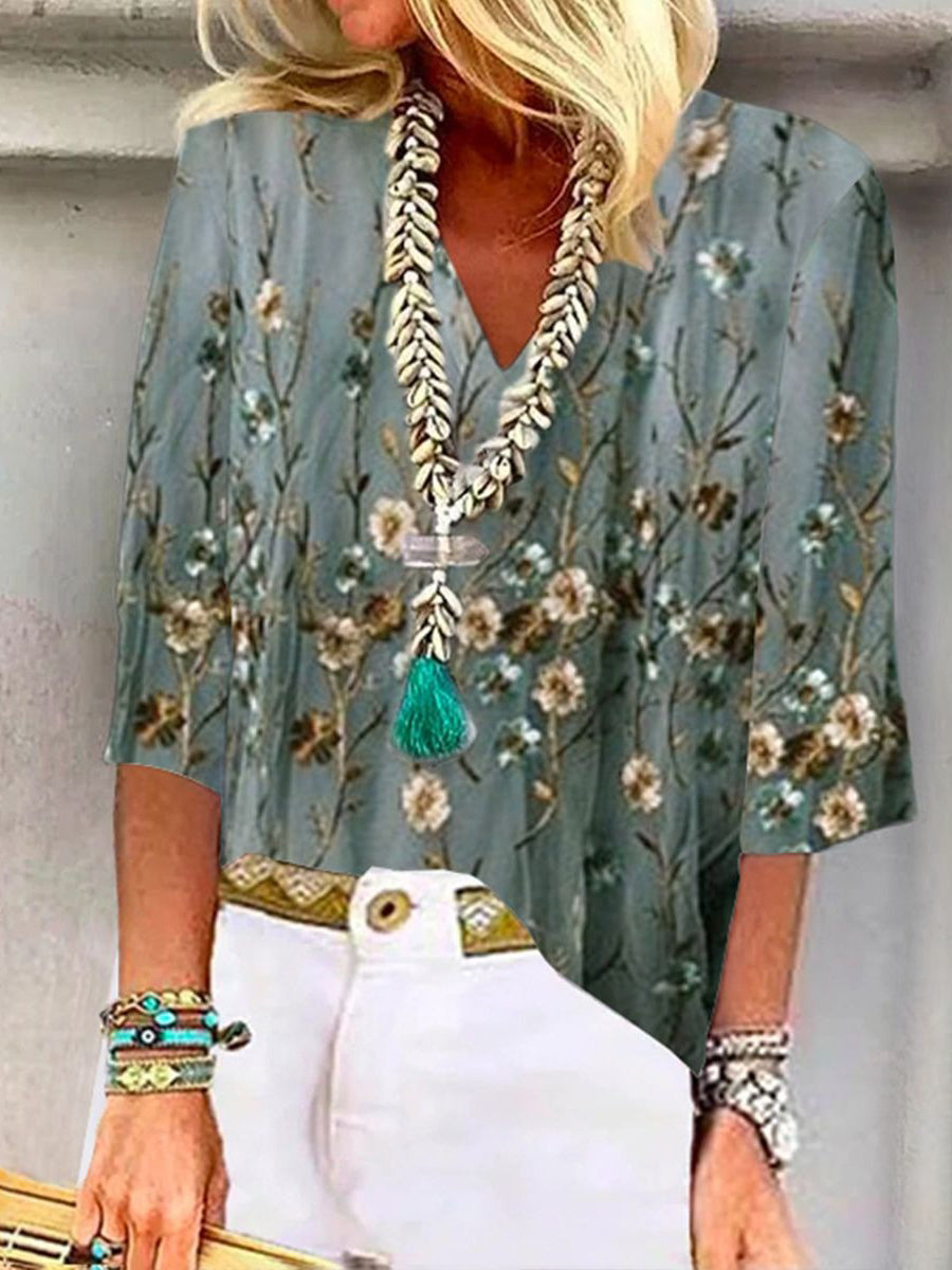 Trendy Green Floral Print 3/4 Sleeve Top