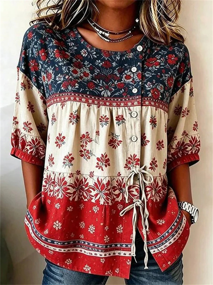 Vintage Floral Print Round Neck Half Sleeve Blouse