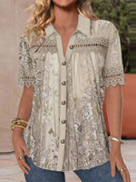 Women?ˉs Floral Lace Trim Button Front Short Sleeve Collar Blouse