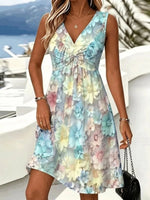 Watercolor Floral Twist-Front V-neck Sleeveless Midi Dress