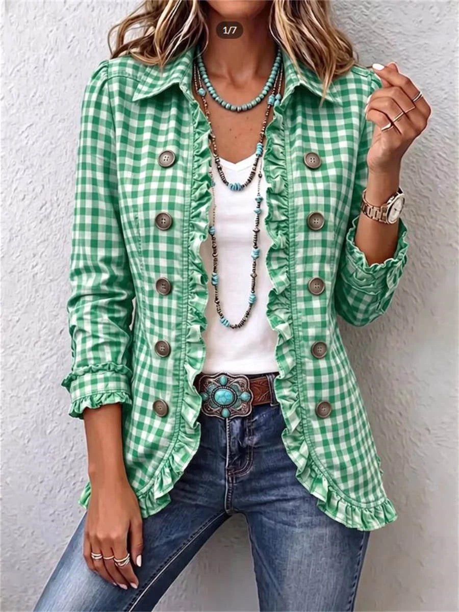 Gingham Ruffled Button-Down Long Sleeve Jacket