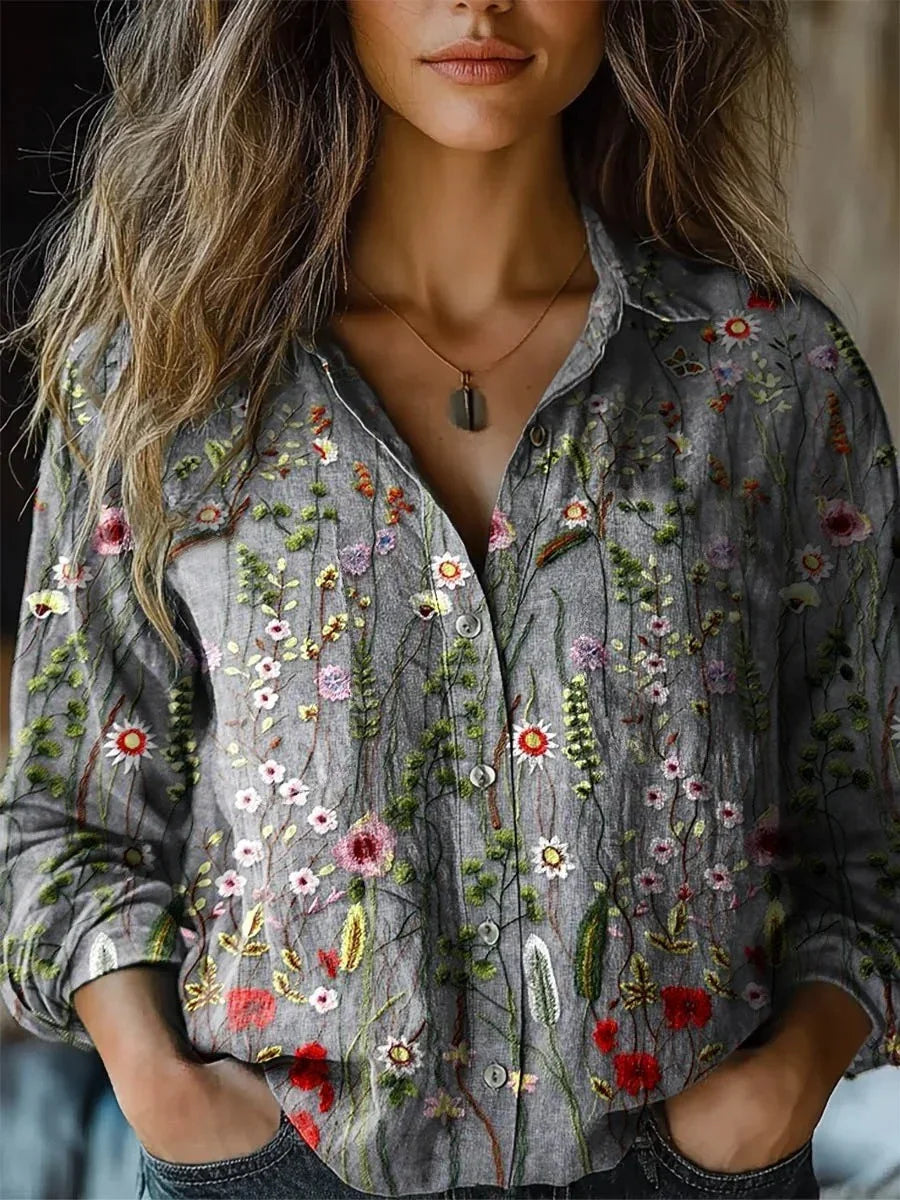 Retro Floral Print Long Sleeve Loose Daily Shirt