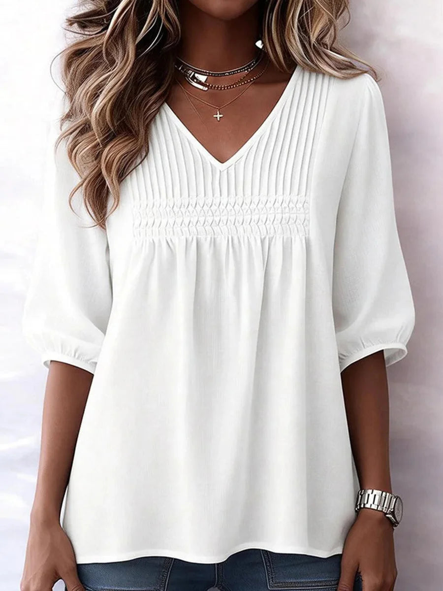 Classic White Plain V-Neck 3/4 Sleeve Top