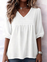 Classic White Plain V-Neck 3/4 Sleeve Top