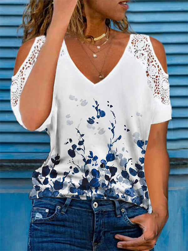 White Casual V-neck Short Sleeve Floral Printed Blouse