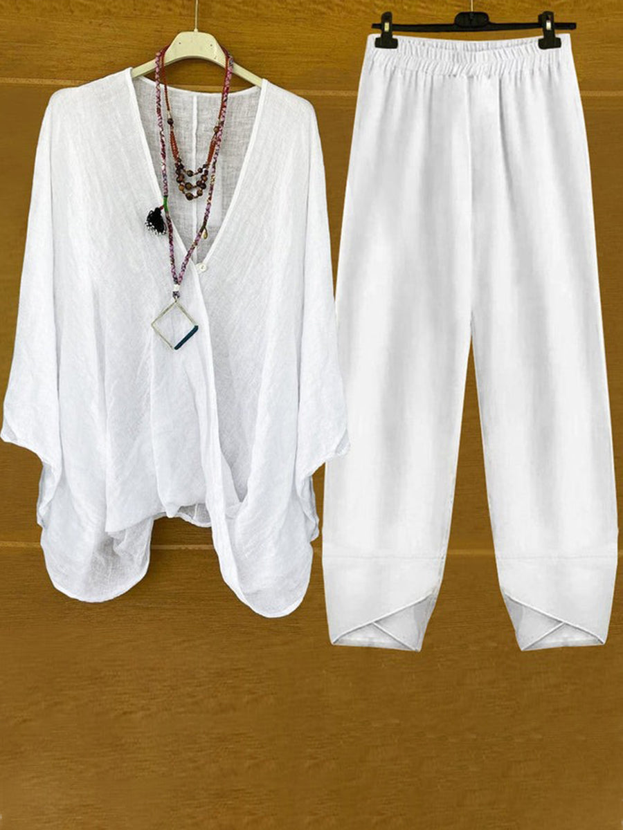 Women's Casual Cotton Two-Piece Set with Open-Front Top and Elastic Waist Pants