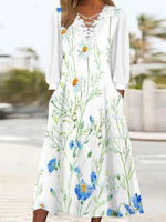 Women's Long Sleeve V-neck Floral Printed Lace Stitching Midi Dress