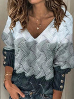 Multi Casual Graphic Tops V-neck Long Sleeve Patchwork Printed Sweaters