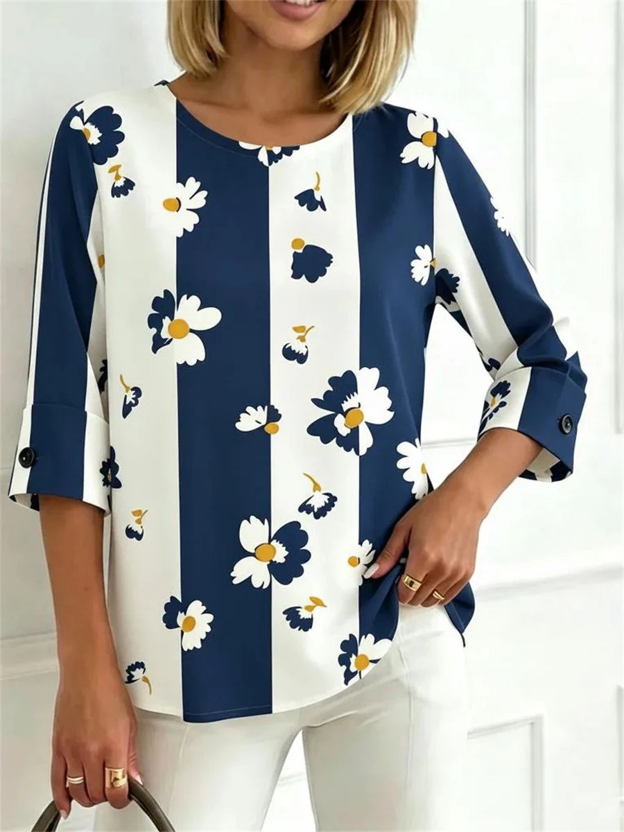 Navy Floral Print Round Neck 3/4 Sleeve Blouse