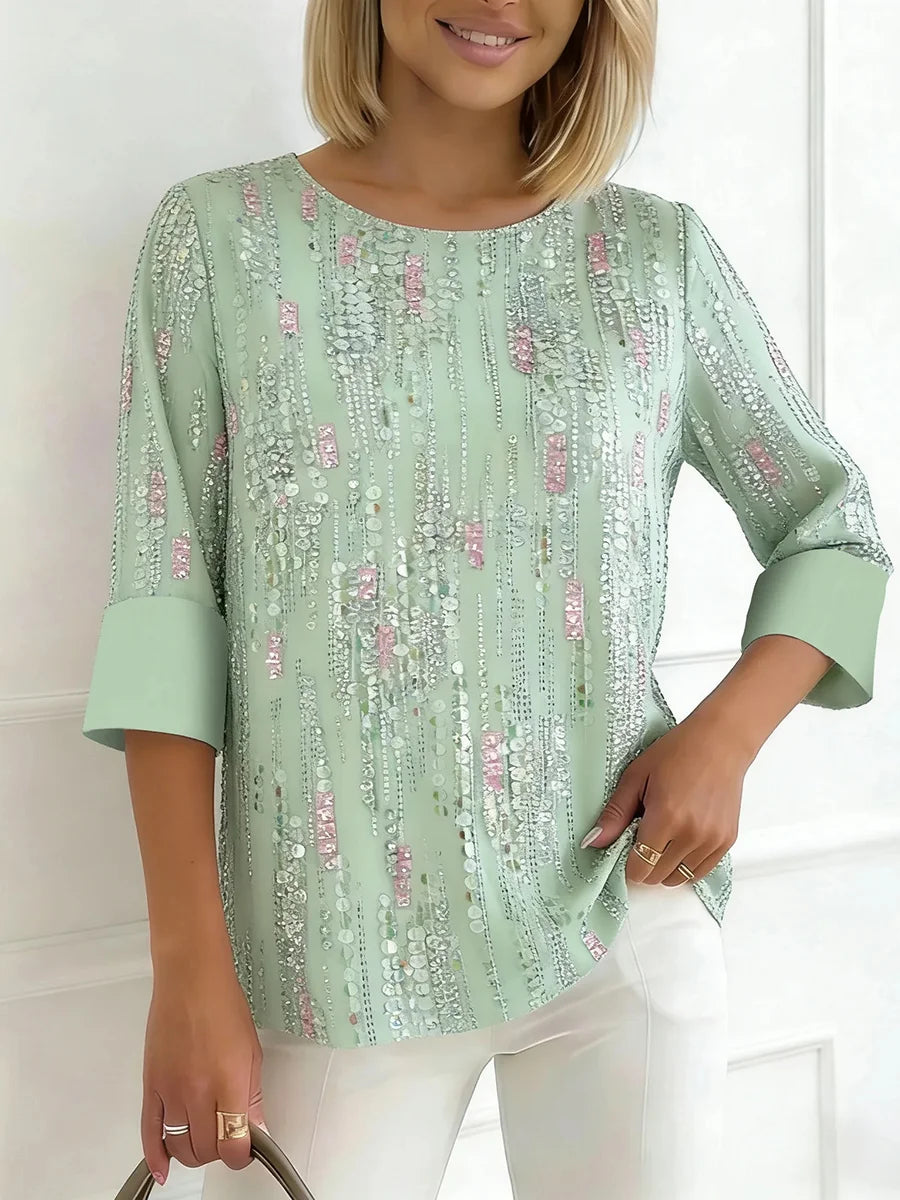 Mint Green Sequin Print Round Neck 3/4 Sleeve Top