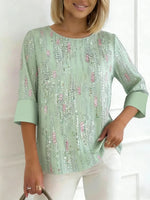 Mint Green Sequin Print Round Neck 3/4 Sleeve Top