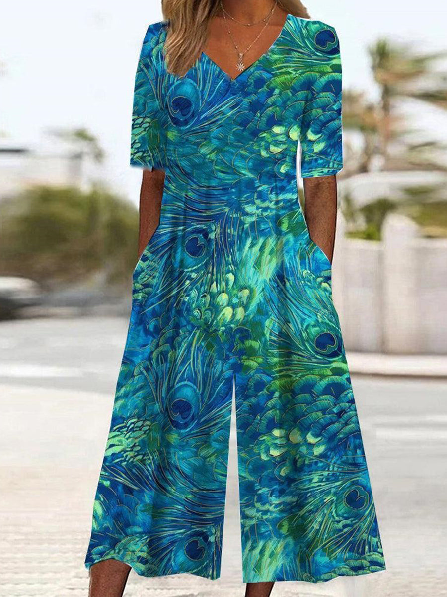Women's V-Neck Peacock Print Wide-Leg Jumpsuit with Pockets