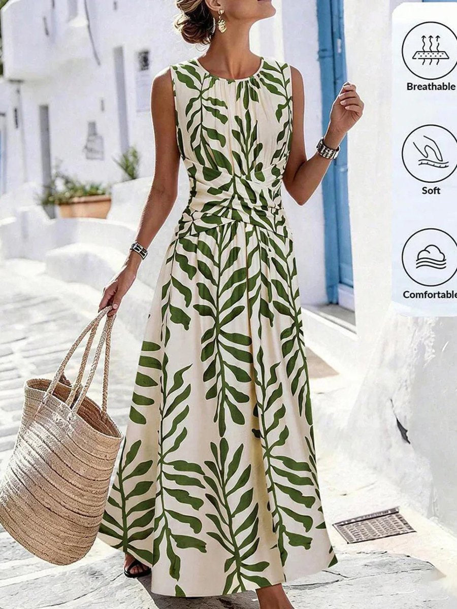 Green Leaf Ruched Waist Round Neck Sleeveless Maxi Dress