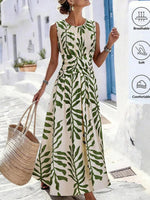 Green Leaf Ruched Waist Round Neck Sleeveless Maxi Dress