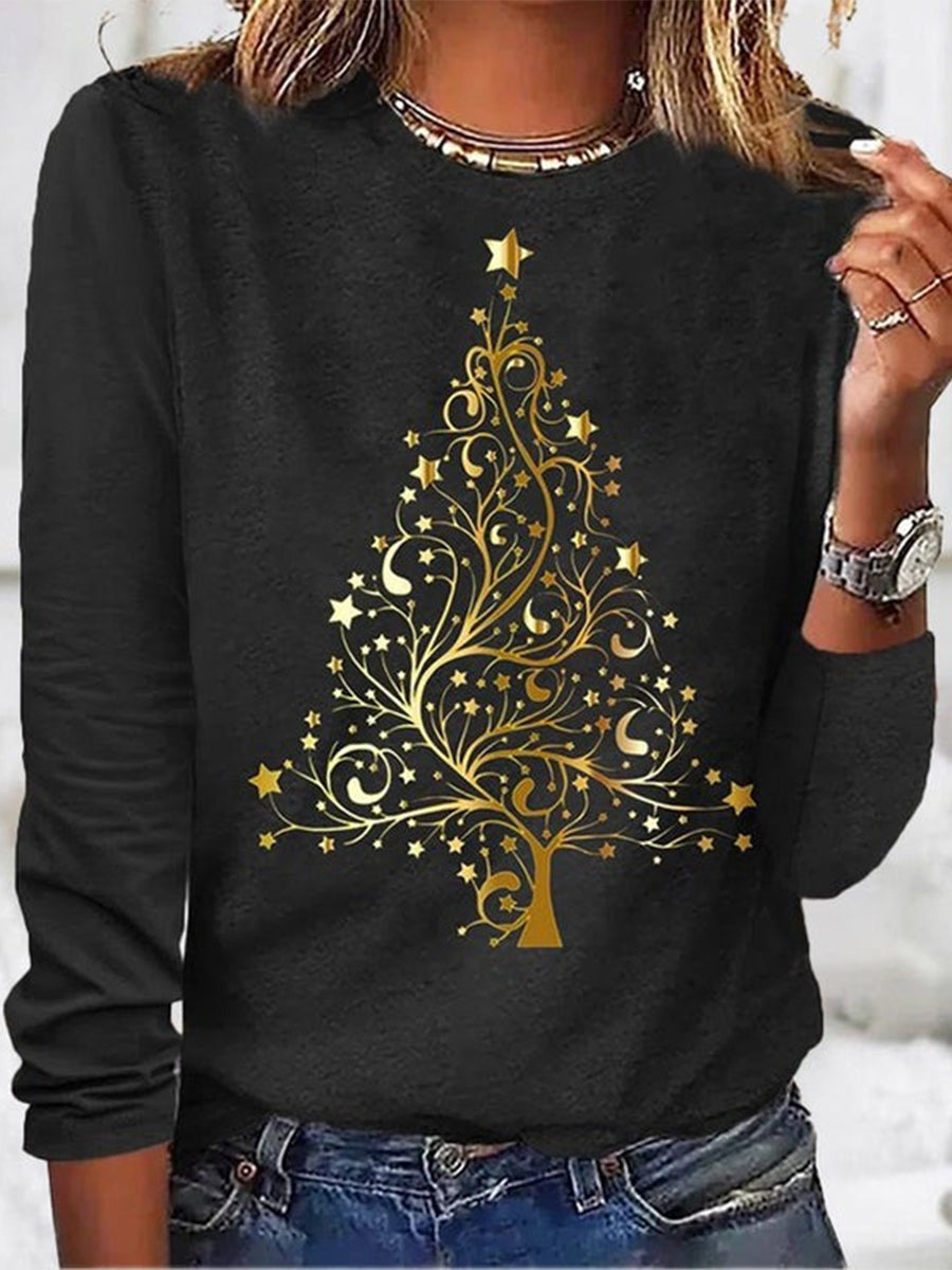 Black Long Sleeve Round Neck Print Top