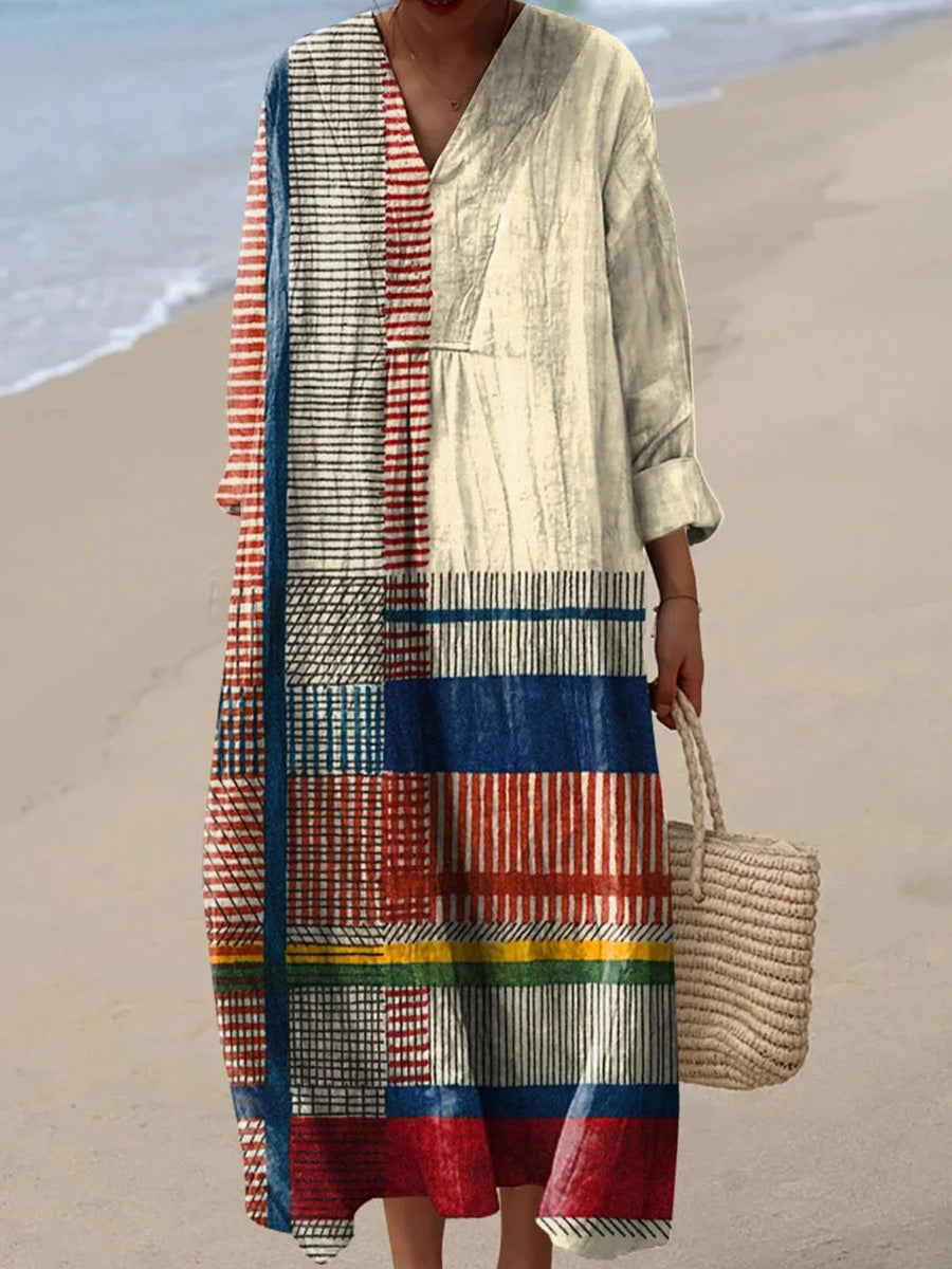 Women’s Vintage Patchwork Striped V-Neck Long Sleeve Maxi Dress